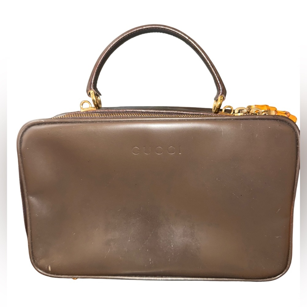 Authentic Vintage GUCCI Bamboo Vanity Hand Bag Enamel 2way Brown Gold